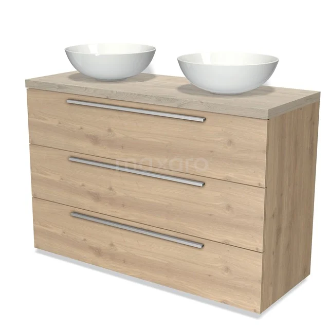 Hölzernes Badezimmermöbel mit zwei ovalen weißen Waschbecken, drei Schubladen und metallischen Haltegriffen, ideal für ein modernes Badezimmer.