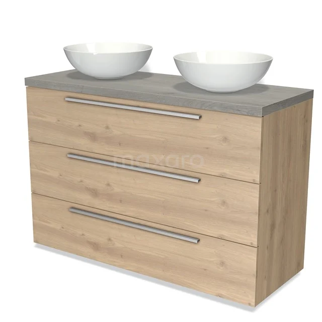 Holz-Badmöbel mit grauer Platte, drei Schubladen und zwei weißen Aufsatzwaschbecken, ideal für stilvolle Badezimmerlagerung.