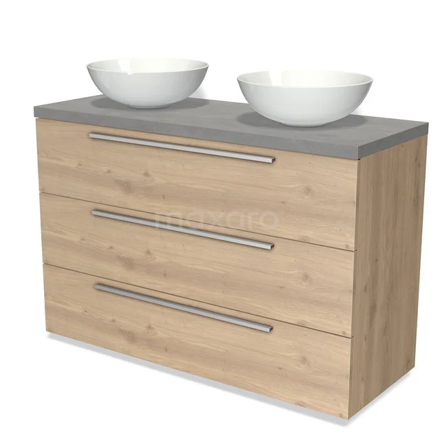 Houten badkamermeubel met grijs blad, twee witte waskommen en drie lades, modern design en praktische opbergruimte.