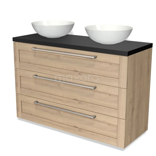 Holz Badezimmermöbel mit schwarzer Platte, doppelten weißen Waschbecken und drei Schubladen, schlankes Design für moderne Bäder.