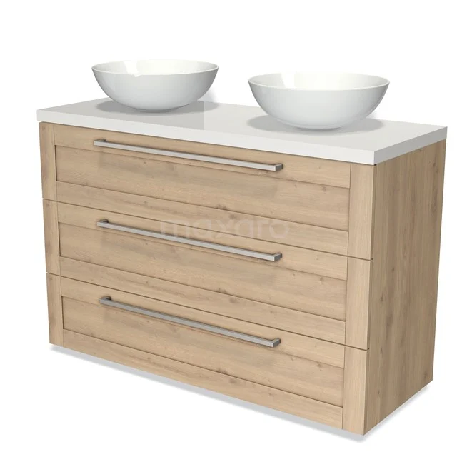 Holz Badezimmermöbel mit Doppelwaschbecken, drei Schubladen und metallischen Haltegriffen, modernes Design in heller Eiche Optik.