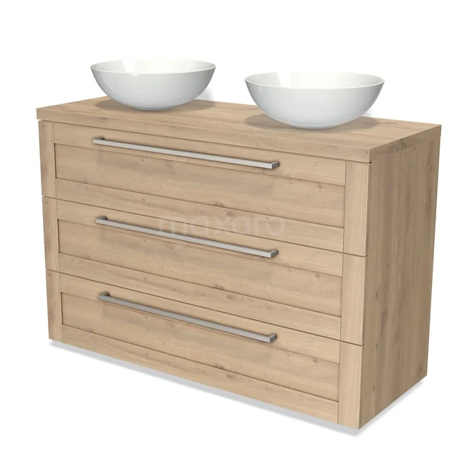 Holz Badezimmermöbel mit zwei weißen Aufsatzwaschbecken, drei Schubladen und metallischen Haltegriffen, perfekt für einen modernen Stil.