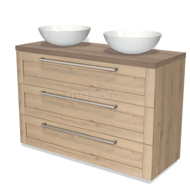 Holz-Badmöbel mit Waschtischplatten, doppelte weiße Aufsatzwaschbecken und drei Schubladen, modernes Design für stilvolle Bäder.