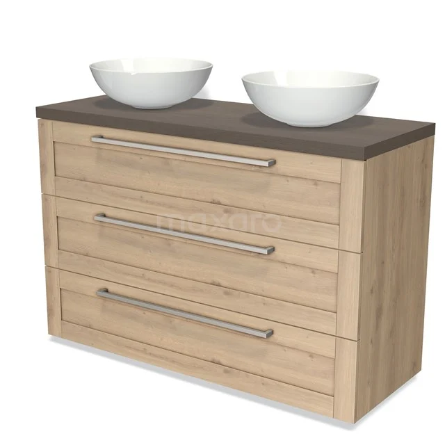 Wooden bathroom unit with three drawers, two white oval countertop wash basins and a dark worktop; modern and stylish design.