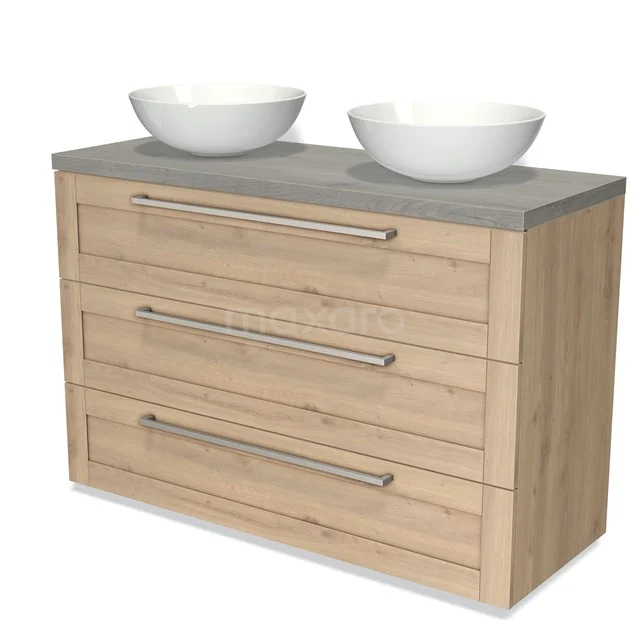 Wooden bathroom unit with light wood colour, concrete worktop and two white countertop wash basins, fitted with three handle drawers.