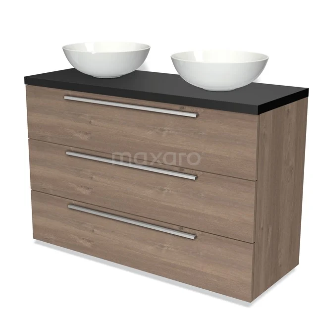 Hölzernes Badezimmermöbel mit drei Schubladen, schwarzer Platte und zwei weißen Aufsatzwaschbecken, stilvolles und praktisches Design.