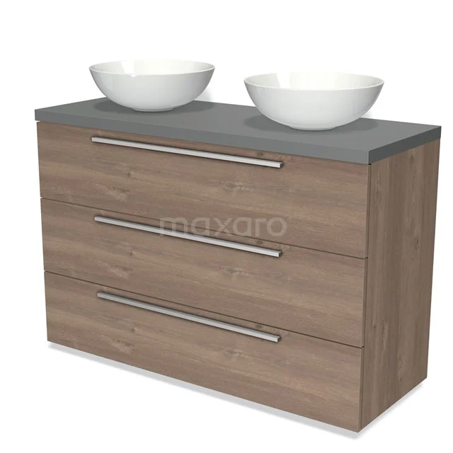 Modulo Plato Vanity units for countertop basin | 120 cm Mid brown oak Flat front Mid grey worktop 3 drawers BMK19-01234