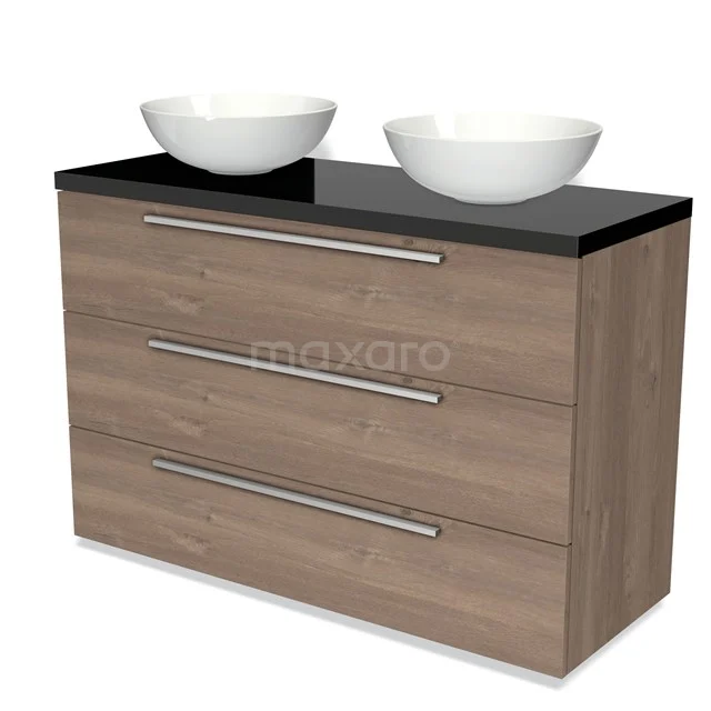Modulo Plato Vanity units for countertop basin | 120 cm Mid brown oak Flat front High-gloss black worktop 3 drawers BMK19-01238