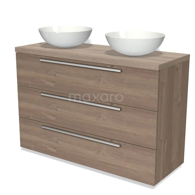 Modulo Plato Vanity units for countertop basin | 120 cm Mid brown oak Flat front Oak worktop 3 drawers BMK19-01239