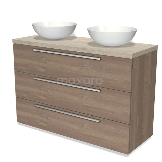 Wooden bathroom unit with two round white vanity units with basins, three drawers and sleek design, ideal for a modern bathroom.