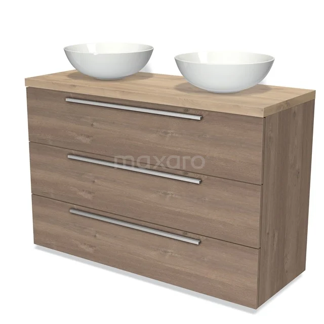 Modulo Plato Vanity units for countertop basin | 120 cm Mid brown oak Flat front Light brown oak worktop 3 drawers BMK19-01241