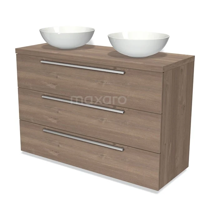 Modulo Plato Vanity units for countertop basin | 120 cm Mid brown oak Flat front Mid brown oak worktop 3 drawers BMK19-01242