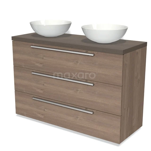 Modulo Plato Vanity units for countertop basin | 120 cm Mid brown oak Flat front Dark brown oak worktop 3 drawers BMK19-01243
