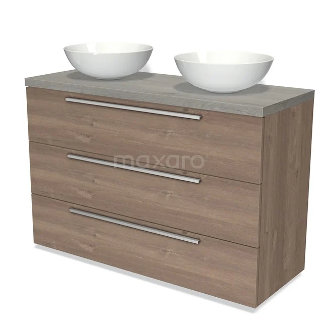Wooden bathroom unit with two white countertop wash basins, grey concrete worktop and three wide drawers with silver handles.