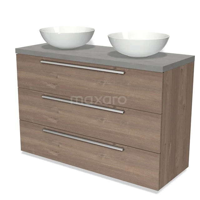 Holz Badezimmermöbel mit Griffen, zwei weißen Aufsatzwaschbecken und grauer Platte, moderner Stil.