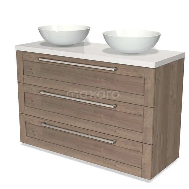 Modulo Plato Vanity units for countertop basin | 120 cm Mid brown oak Frame front High-gloss white worktop 3 drawers BMK19-01249 Modern wooden bathroom unit with double white countertop wash basin, three drawers and sleek design. Perfect for a stylish bathroom.
