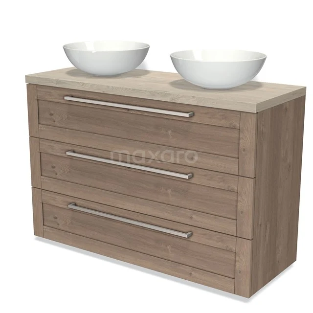 Modulo Plato Vanity units for countertop basin | 120 cm Mid brown oak Frame front Light grey oak worktop 3 drawers BMK19-01254 Wooden bathroom unit with three drawers, double white countertop wash basins and metal handles, perfect for modern bathrooms.