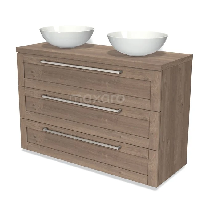 Wooden bathroom unit with double basin, modern look and three spacious drawers for bathroom storage convenience.