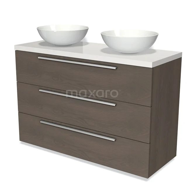 Bruine houten badkamermeubel met drie lades, wit blad en twee ronde waskommen, modern design.