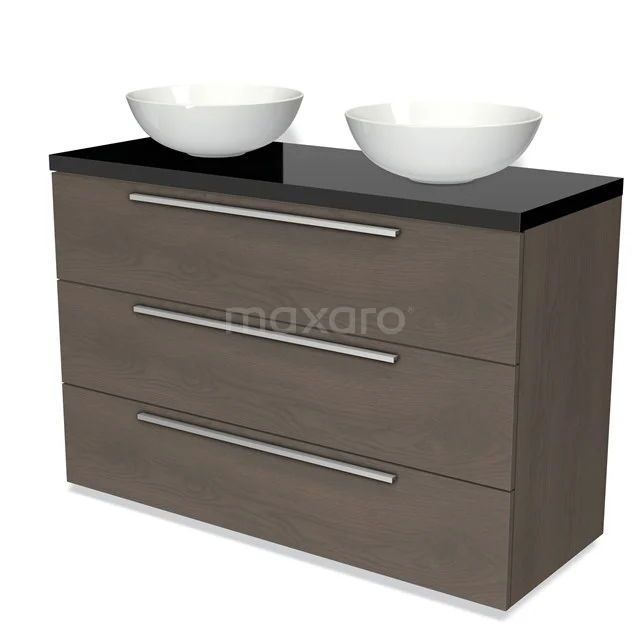 Houten badkamermeubel met donker blad, dubbele witte waskom en drie brede lades, modern design.