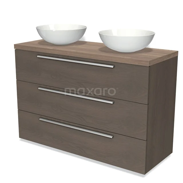 Houten badkamermeubel met dubbele witte waskommen, 3 lades en chromen handgrepen, modern design.
