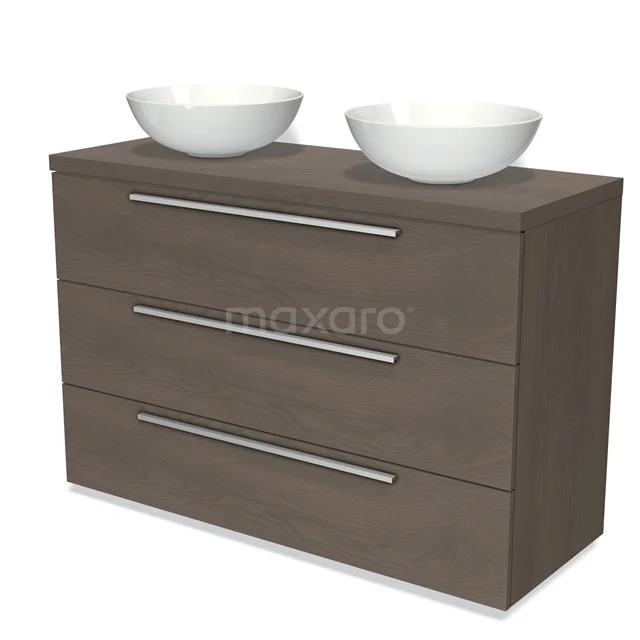 Holz-Badmöbel mit dunkelbrauner Oberflächenbehandlung, drei Schubladen und zwei weißen, ovalen Aufsatzwaschbecken für einen modernen Stil.