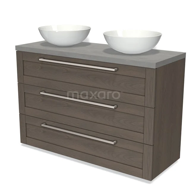 Bathroom unit wood-look with grey vanity units with basin and double white basins. Modern design, ideal for stylish bathrooms.