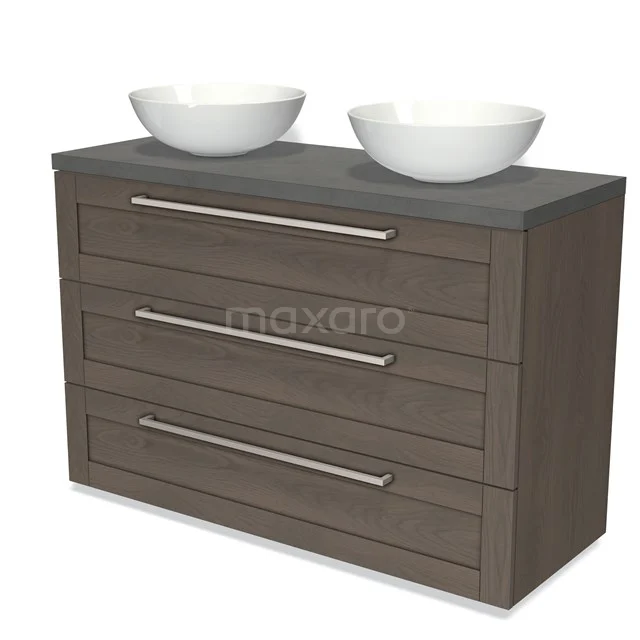 Badmöbel für Aufsatzwaschbecken 120cm Modulo Plato Dunkelbraune Eiche 3 Schubladen Rahmen Dunkelgrauer Beton Platte BMK19-01288 Holz Badezimmermöbel mit moderner grauer Oberfläche und zwei weißen Aufsatzwaschbecken, ausgestattet mit stilvollen Haltegriffen.