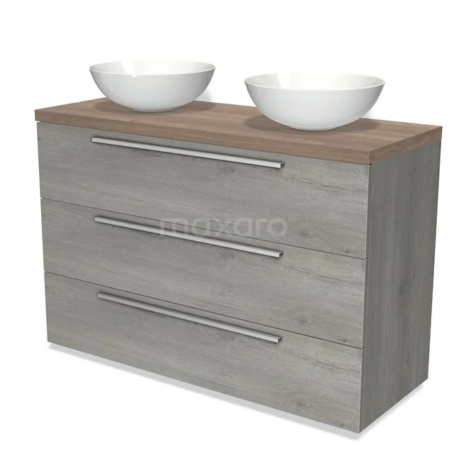 Grey wooden Bathroom cabinet with 3 drawers, wooden worktop and two white countertop wash basins, ideal for a modern bathroom design.