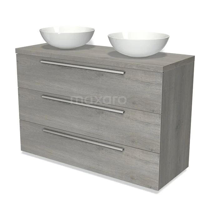 Grey wooden bathroom unit with two white countertop wash basins, three drawers and metal handles. Modern and stylish design.