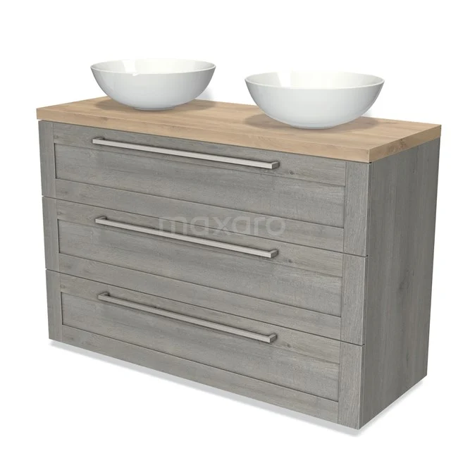 Modulo Plato Badmöbel mit Aufsatzwaschbecken | 120 cm Graue Eiche Rahmen front Hellbraune Eiche blatt 3 Schubladen BMK19-01311 Graue Badmöbelset mit Holzlook Platte, drei Schubladen und doppelten weißen Aufsatzwaschbecken, modernes Design.