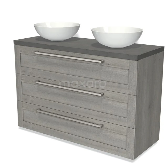 Grey oak bathroom unit with three drawers, vanity units with basin made of ceramic and modern metal handles.