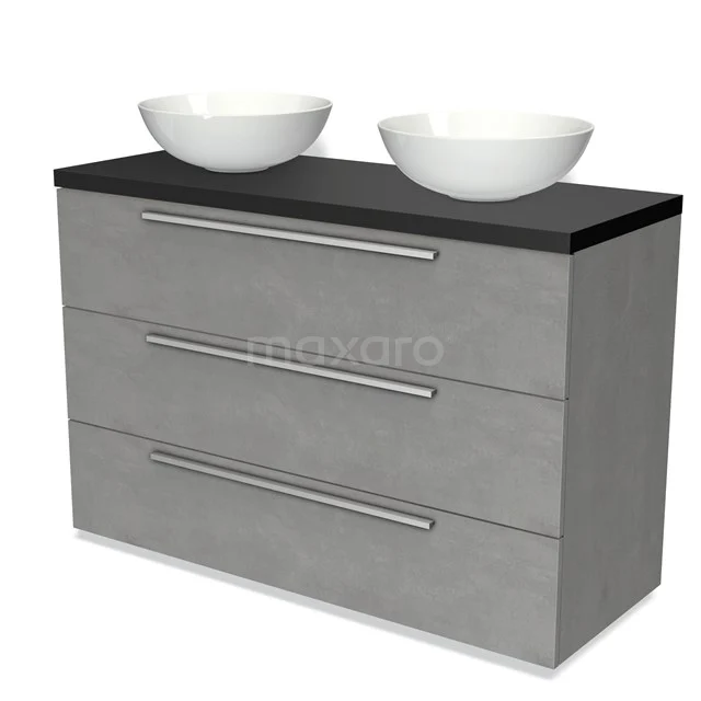Grey bathroom furniture set with concrete look, black Basin worktop and two white drawers with silver handles.
