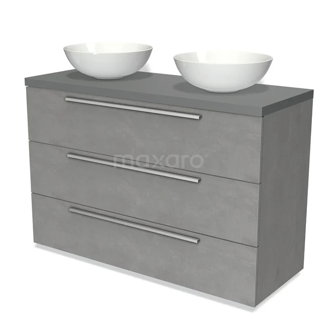 Grey bathroom cabinet with three drawers, two white ceramic countertop wash basins, sleek design and chic finish.