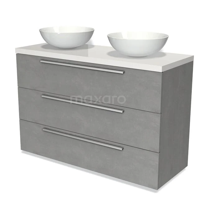 Graue Badmöbel mit drei Schubladen, zwei weißen keramischen Aufsatzwaschbecken und einem modernen Design.