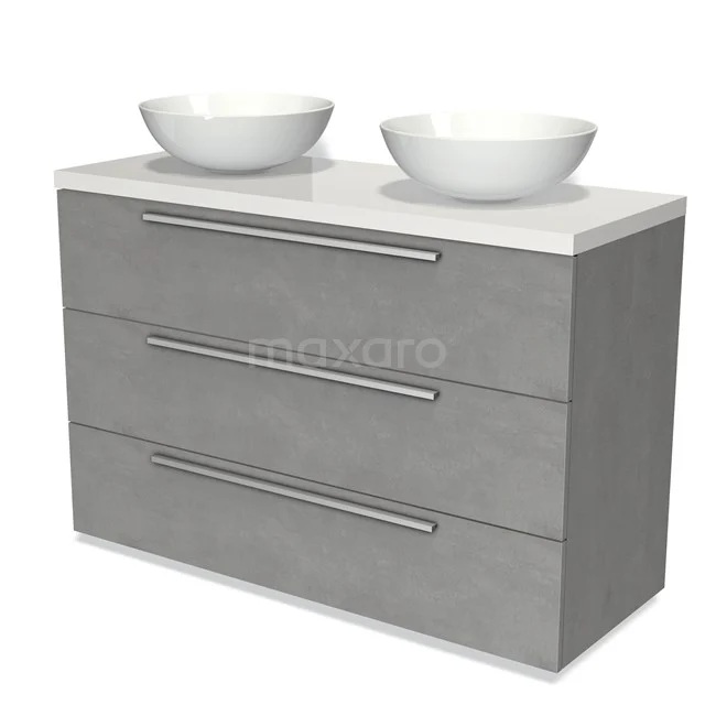 Graue Badmöbel mit drei Schubladen, zwei weißen keramischen Aufsatzwaschbecken und einem modernen Design.