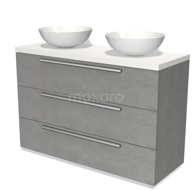 Modulo Plato Badmöbel mit Aufsatzwaschbecken | 120 cm Hellgrauer Beton Flach front Matt Weiß blatt 3 Schubladen BMK19-01320 Grauer Badschrank mit Doppelwaschbecken, modernes Design, weiße Aufsatzwaschbecken und Schubladen mit metallischen Griffen.