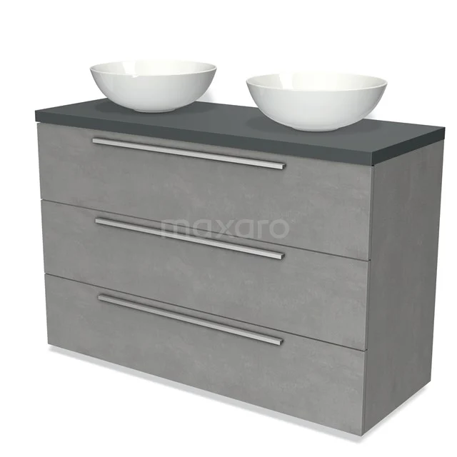 Grey wooden bathroom furniture set with double countertop wash basins and dark worktop, modern look, ideal for stylish bathrooms.