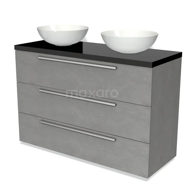Grey bathroom furniture set with black glass worktop, double countertop wash basins and three drawers with chrome handles.