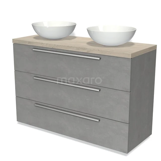 Grey chest of drawers with wood-look worktop, two vanity units with basin, modern design, perfect as a stylish bathroom unit for storage space.