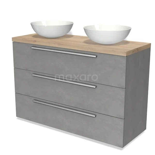 Moderne graue Badmöbel mit Holzlook Platte und zwei weißen Aufsatzwaschbecken, schlichtes Design mit metallischen Haltegriffen.