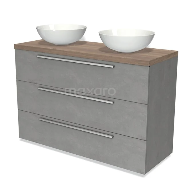 Graue Badmöbelset mit Betonlook, Holzplatte und doppelten weißen Aufsatzwaschbecken, modernes und stilvolles Design.
