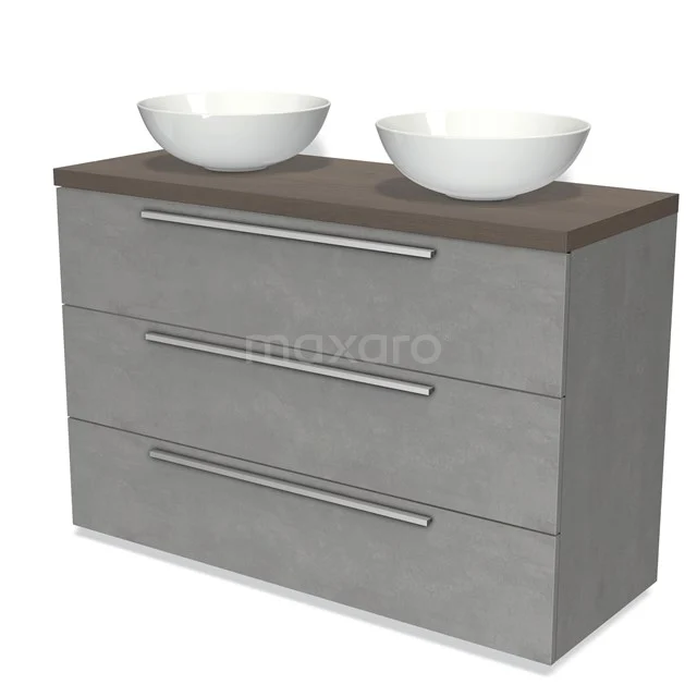 Modulo Plato Vanity units for countertop basin | 120 cm Light grey concrete Flat front Dark brown oak worktop 3 drawers BMK19-01327