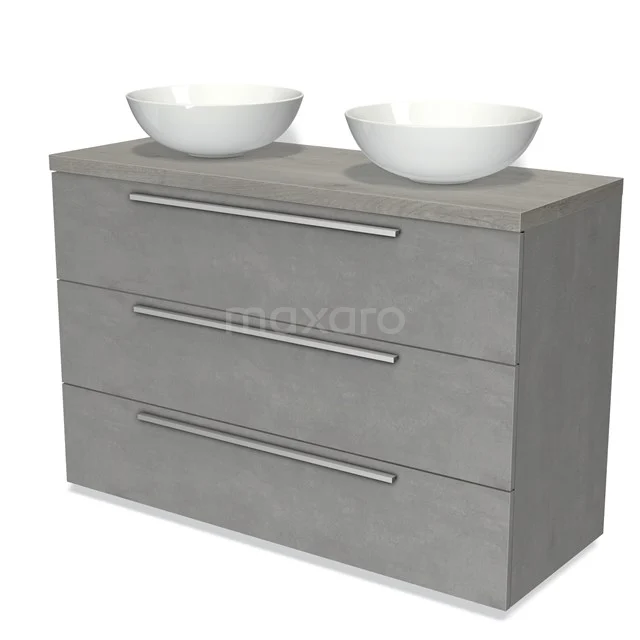 Grey bathroom furniture set with double countertop wash basin, three drawers, modern concrete-look design and stylish chrome handles.