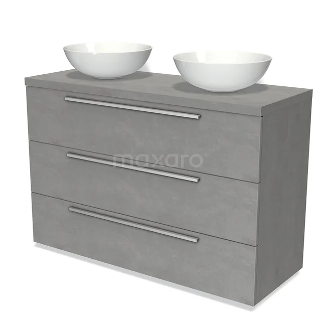 Grey bathroom furniture set with double countertop wash basins, modern design, featuring three drawers with metal handles.