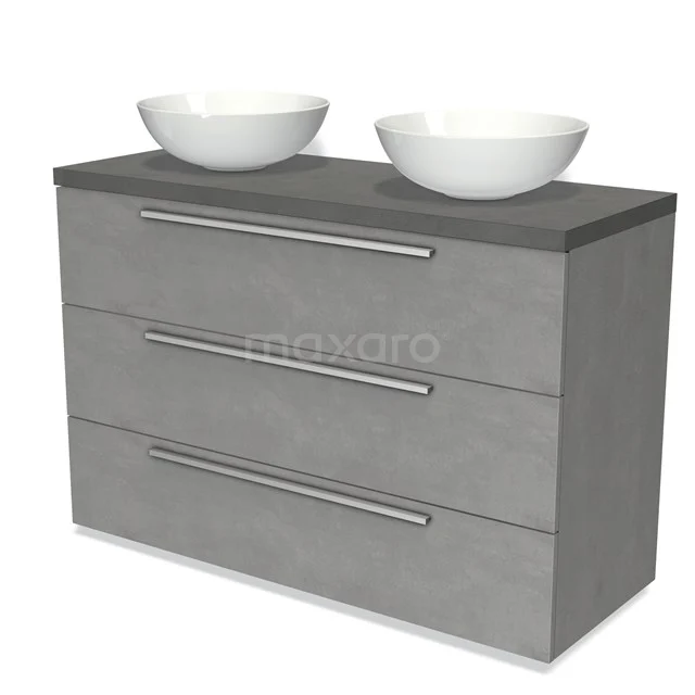 Grey double vanity unit with ceramic bowls, three drawers and sleek design, perfect for a modern bathroom.