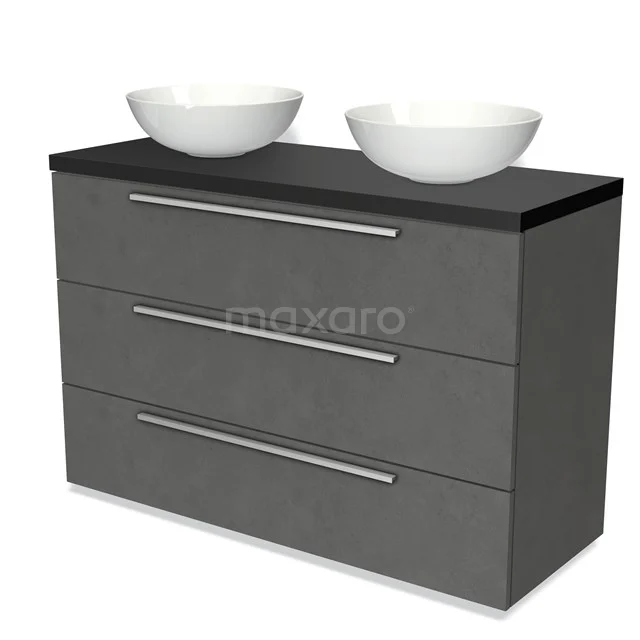 Grey bathroom cabinet with three drawers, black top and double white countertop wash basins made of ceramic.