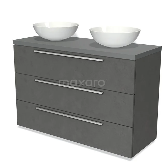 Dark grey bathroom unit with three drawers and two white countertop wash basins, modern design in wood look.