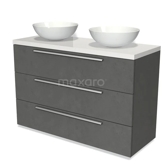 Dark grey wooden bathroom furniture set with three drawers, white composite worktop and two round surface-mounted basins.