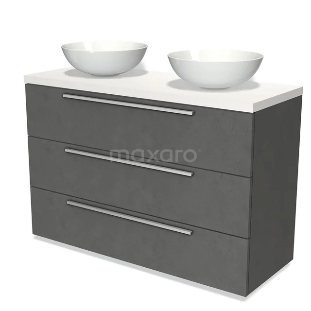 Grey bathroom furniture set with double basin, sleek drawers and a modern ceramic finish.